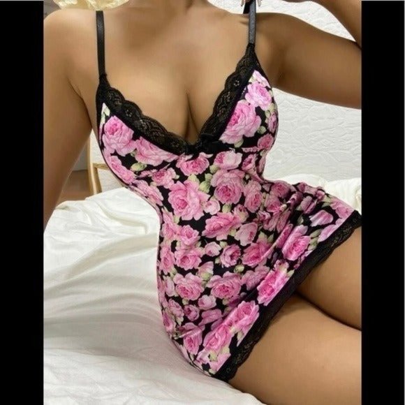 Sexy Floral Print Satin Slips With Thong - Picture 2 of 7